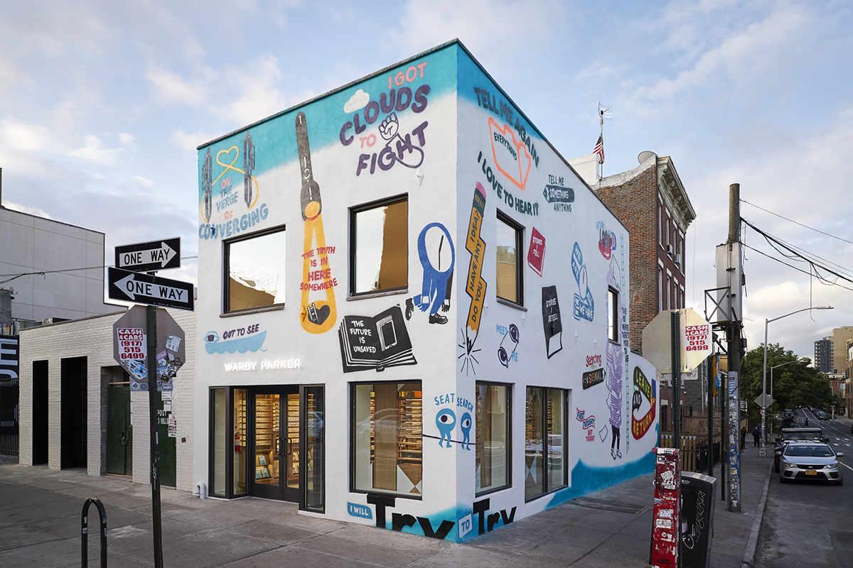 Warby Parker's North 6th Street store in Brooklyn, with artwork by New York artist Stephen Powers, also know as ESPO. © Warby Parker