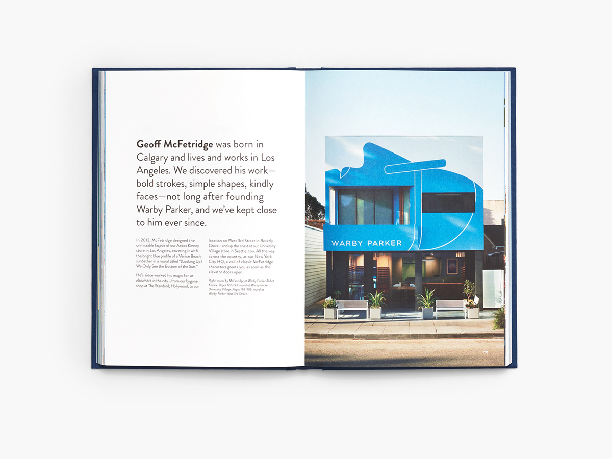 Warby Parker's retrospective 10-year art book, "The Alphabet of Art at Warby Parker" featuring spread of AIGA Medalist Geoff McFetridge. © Warby Parker