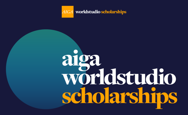 The words AIGA Worldstudio Scholarships in the foreground on a navy blue background with a gradient teal and blue circle
