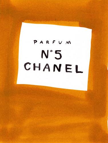 Illustration of Chanel No 5 parfum label on orange package