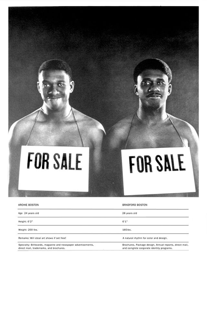 “For Sale,” Boston & Boston self-promotional poster, 1967. Creative director: Brad Boston; Art director: Archie Boston; Designers: Brad Boston, Archie Boston; Photographer: Jerry Trafficanda