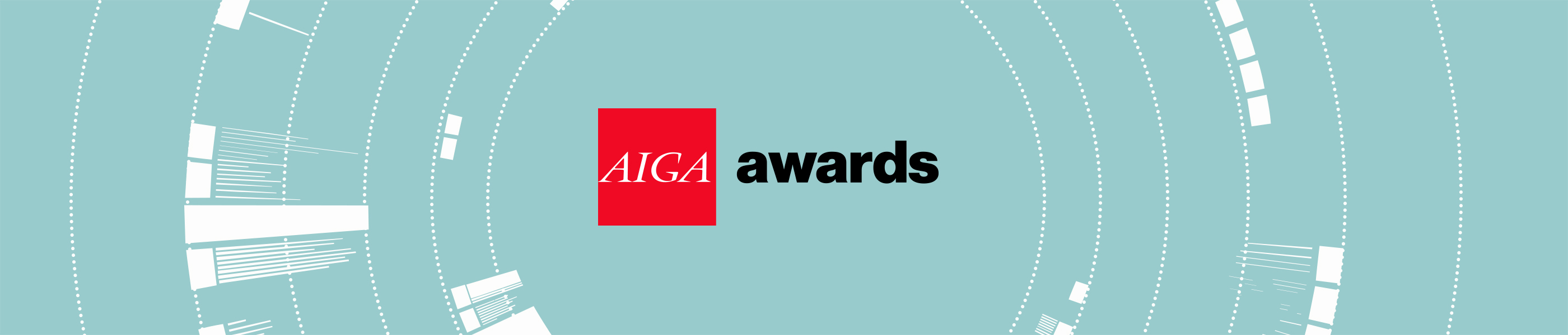 2021 AIGA Awards Celebratrion logo, AIGA in white letters in a square box followed by the word awards in black type against a light turquoise background with radiating circles that resemble a camera lens