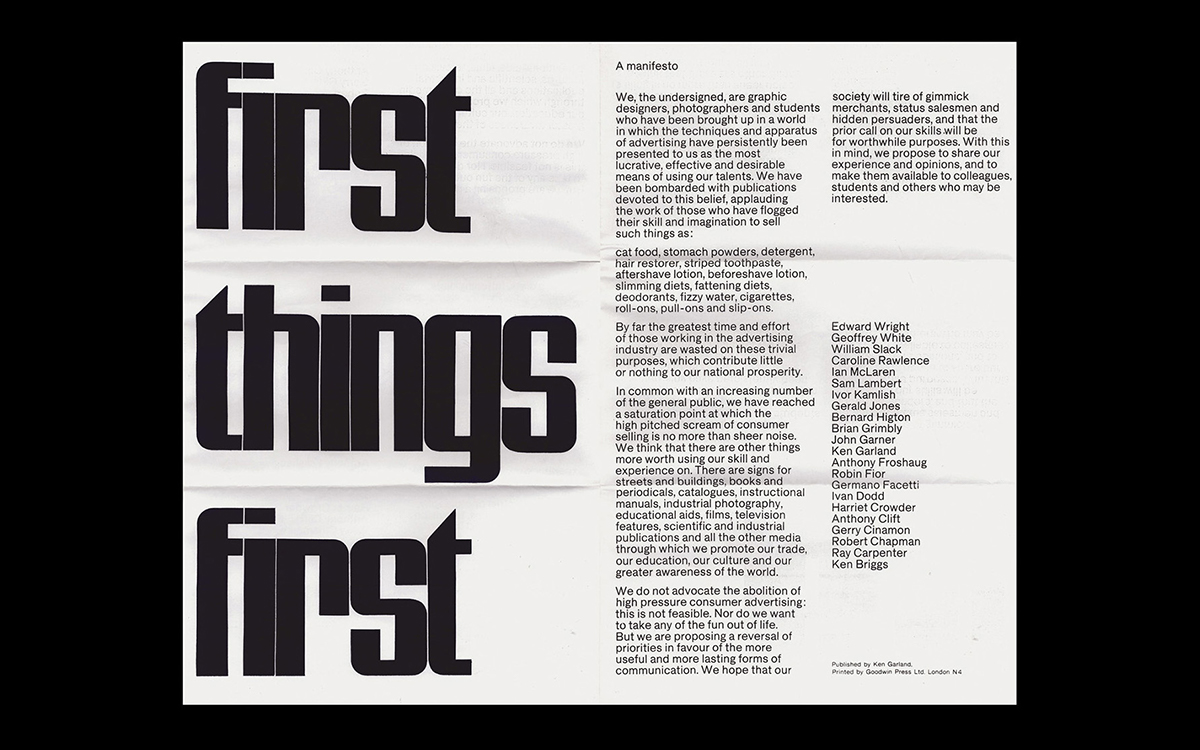 First Things First 1964. Written, designed and self-published by Ken Garland.