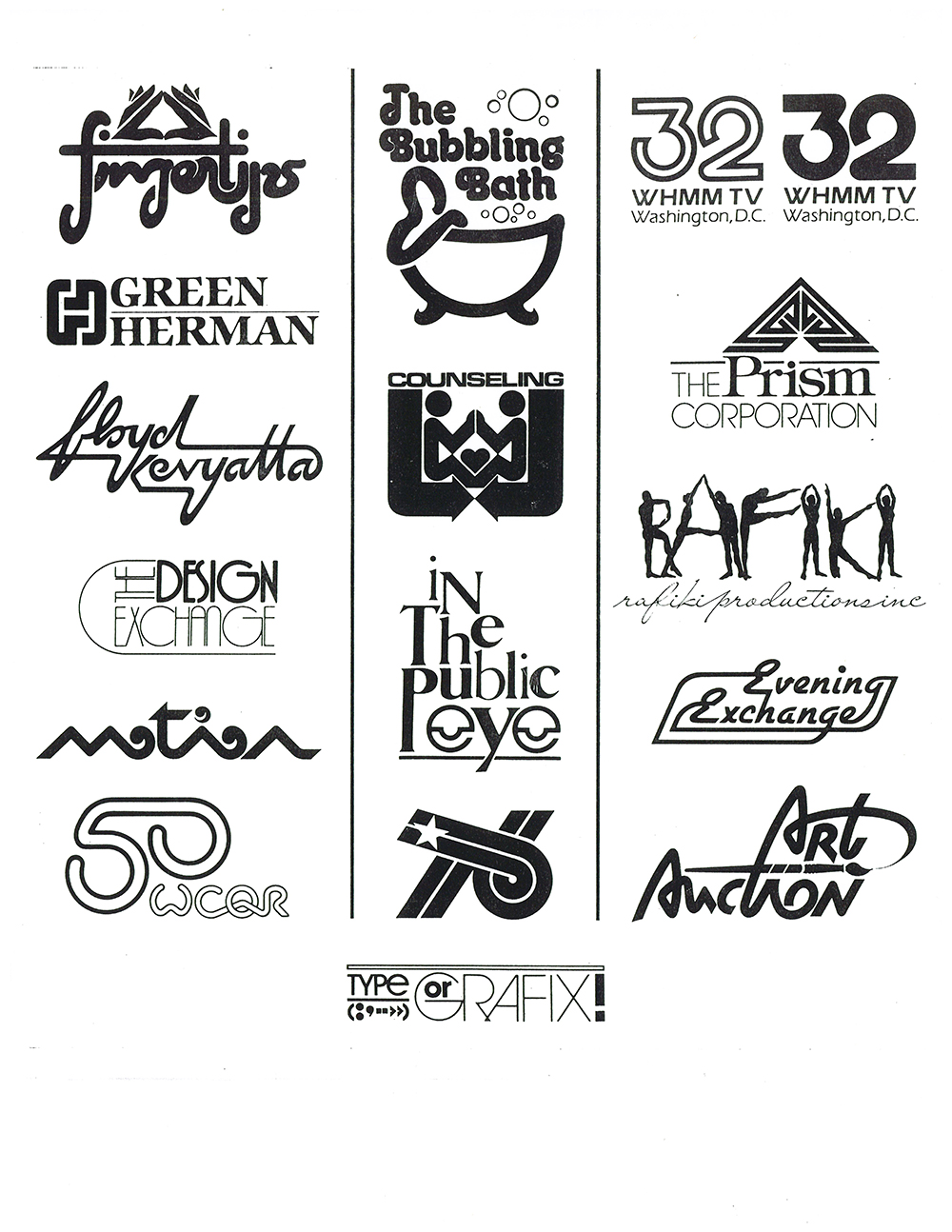 Logosheet of Miller’s hand drawn logos, 1974-1994.