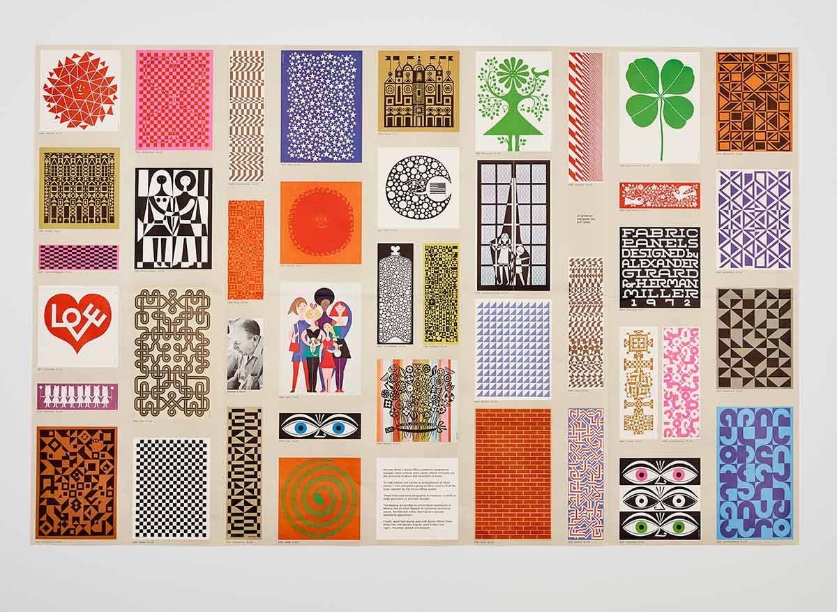 Promotional poster for Environmental Enrichment Panels designed by Alexander Girard for Herman Miller, 1972. The selection shows his distinctive range of color, form, and typography. Courtesy: Herman Miller.