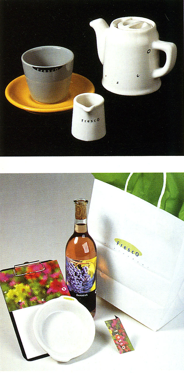 Wine label, dinnerware, stationary items, matches, dessert menu, and tea service for Fresco Restaurant, 1996