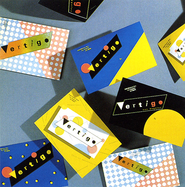 Identity, business cards, hang tags, and postcards for Vertigo, 1979