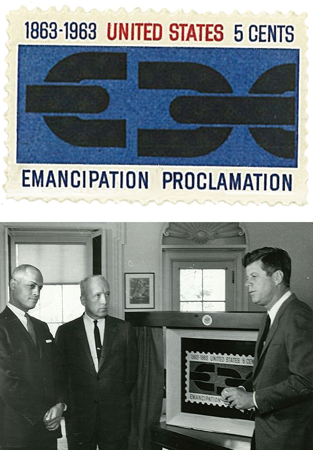 Above: Stamp honoring the Emancipation Proclamation, 1963; below: design unveiling at White House with President John F. Kennedy