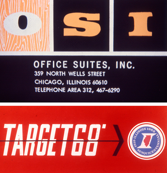 (from top) Identity designs for Office Suites, Inc., and 1968 Illinois Sesquicentennial.