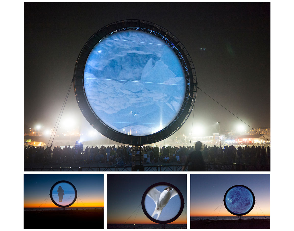 “CircumSolar, Migration 1,” 2013: Shown at Glow on a screen 25 feet in diameter and raised above the sand on a circular truss. The video follows the Arctic tern, whose migratory journey is longest of all living beings on earth, while also exploring the issues of immigration and climate change.