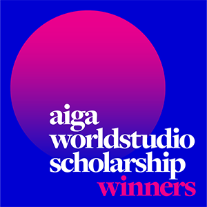 The workds AIGA Worldstudio Scholarship winners layered over a pink circle with a blue backgroundidentity
