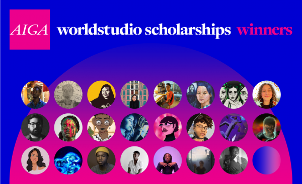AIGA Worldstudio Scholarships identity includes AIGA logo and self-portraits of the 23 winners