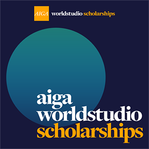 The words AIGA Worldstudio Scholarship applications now open layered over a teal circle with a navy blue background