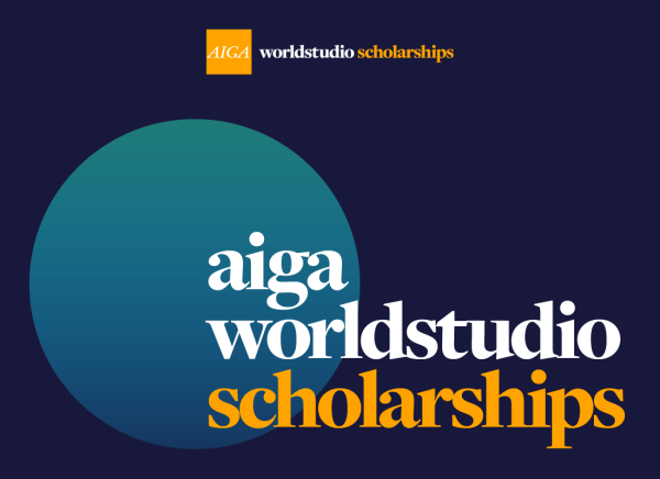 The words AIGA Worldstudio Scholarships on a navy blue background with a gradient teal and purple circle in the middle ground and the word scholarships in gold