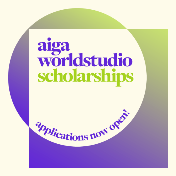 The words AIGA Worldstudio Scholarships on a navy blue background with a gradient teal and purple circle in the middle ground and the word scholarships in gold