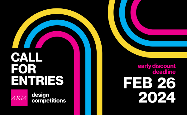 Image with text "aiga design competitions call for entries" in navy text on a pink background