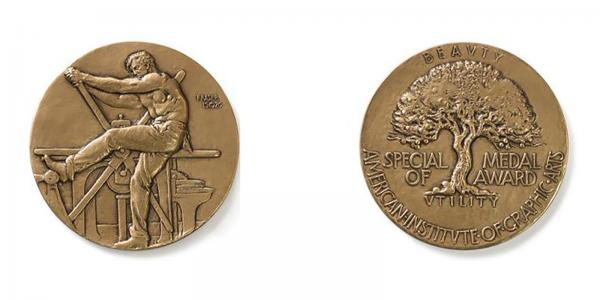 Front and back image of the AIGA Medal; Man manually operating a printing press (Front) and a tree with the words Special Medal of Award (back)