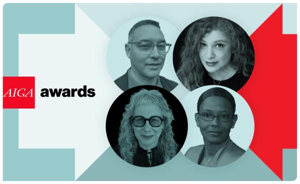 2022 AIGA Awards Reception branding featuring Andrew Satake Baluvelt, Emily Oberman, Louise Sandhaus, and Audrey Grace Bennett where the arrows connect.
