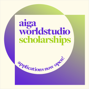 The words AIGA Worldstudio Scholarship applications now open layered in the negative space of a cream square intersecting with a circle with a purple and green gradiant.