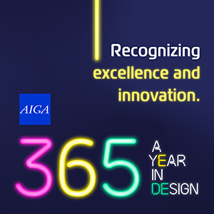 Using type that resembles neon tube lights in pink, yellow, green, and white, the words AIGA 365 A Year in Design appear on an illuminated navy blue background with the AIGA logo in a royal blue box in the upper left corner and the words Final Deadline February 15, 2023 in the bottom left corner