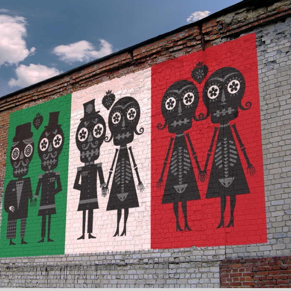 A mural painted on a brick wall in Mexico City. Day of the Dead iconography used to portray couples on a field of green, white, and red.