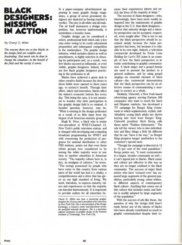 Miller’s 1985 thesis paper and the subsequent publication in Print Magazine catalyzed a conversation about segregation in the design profession.