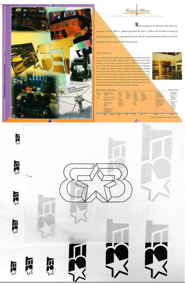 The 1992 BET Holdings Inc. first annual report (top). Miller’s logo sketch design for the new holding company (bottom).