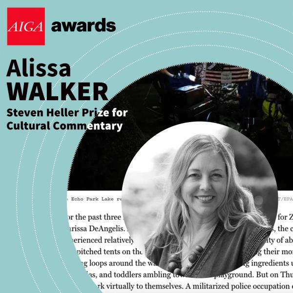 Circular photo of Alissa Walker, recipient of the 2021 Steven Heller Prize for Cultural Commentary, centered against screenshot of an article from Curbed, centered over the 2021 AIGA Awards Celebration identity, a light turquoise with radiating white circles and a red logo lockup for the AIGA Awards