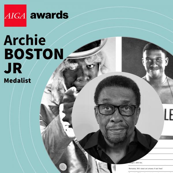 Circular photo of Archie Boston, Jr. centered in another circle of his work, centered in the 2021 AIGA Awards Celebration branding of light turquois with white concentric circles and a red AIGA logo for the AIGA awards.