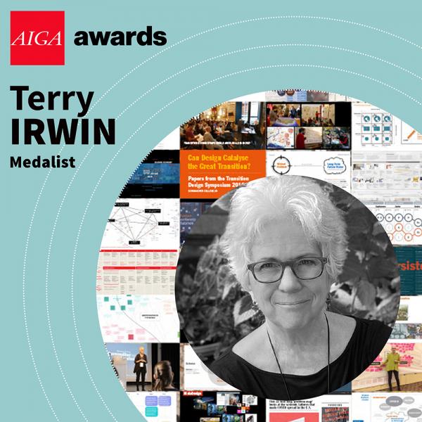 Circular photo of Terry Irwin centered against a mosaic of her work, centered over the 2021 AIGA Awards Celebration identity, a light turquoise with radiating white circles and a red logo lockup for the AIGA Awards