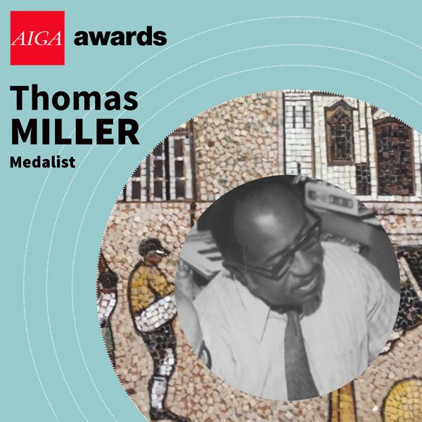 Circular photo of Thomas Miller holding packaging for 7Up (1975) centered in another circle of the DuSable mural, in the 2021 AIGA Awards Celebration branding of light turquois with white concentric circles and a red AIGA logo for the AIGA awards.
