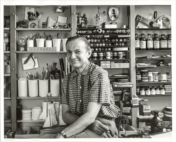 Picture of Alexander Girard in his home studio in Grosse Pointe, Michigan (1948). Photo credit: Charles Eames © 2019 Eames Office, LLC