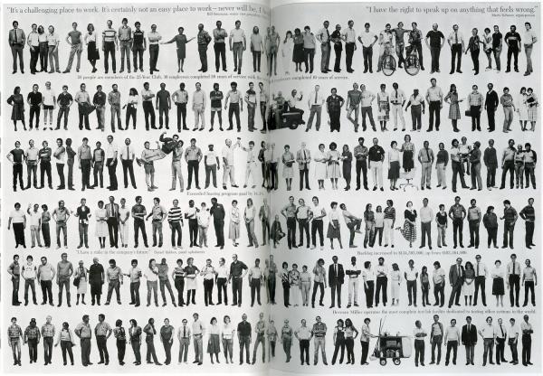 Say Hello to the Owners, spread of annual report featuring rows of people from Herman Miller