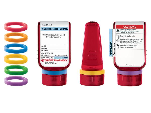Target ClearRx prescription system with red bottles that are easy to read and have color-coded rings to personalize your medicine