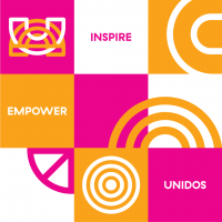 AIGA Unidos grid of circular shapes and bright orange and pink colors on a white background