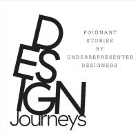 A black and white graphic for the collection title and representative faces of individuals included in the collection of essays and interviews for Design Journeys. Poingnat stories by underrepresented designers.