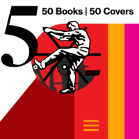 AIGA 50 Books | 50 Covers 2020 identity. Abstract shapes represent the spines of a books stacked on shelves. The zero in the 50 is a man pulling on the arm of a printing press, radiating like spokes.