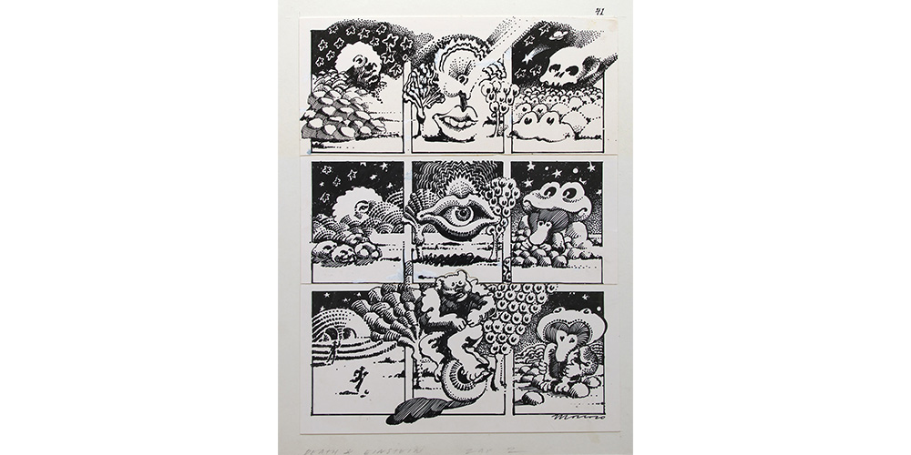 “Death & Einstein” (Zap no. 2), 1968, ink on paper, © Victor Moscoso